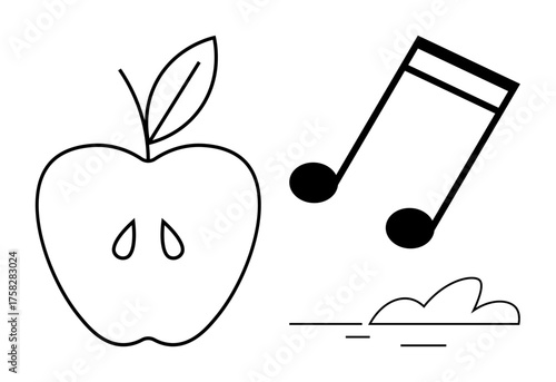 Apple, musical notes, and cloud vector in bold outlines reflect themes of health, creativity, education, music, nature, mindfulness and wellness. Ideal for simple flat metaphor