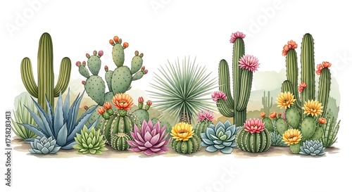 Watercolor Desert Cactus and Succulents Illustration Landscape Art, Southwestern Flora