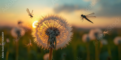 Fototapeta Naklejka Na Ścianę i Meble -  Close up of a dandelion flower with seeds blowing in the wind during golden hour, with a dragonfly flying nearby