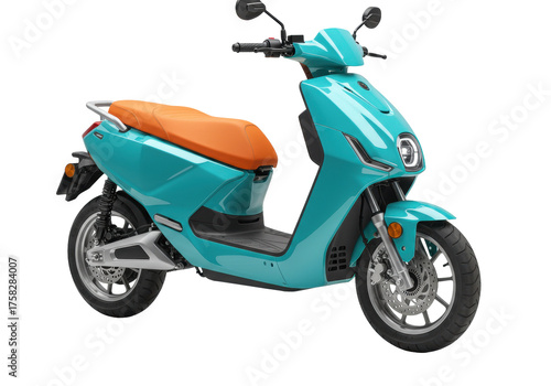 Isolated teal electric scooter with tan seat on a clean background for advertising designs