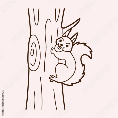 A cartoon squirrel with big eyes and buck teeth climbs a tree trunk holding a nut animal climbing