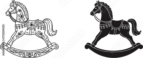 Rocking horse, vintage toy, decorative silhouette, black and white, ornate design, childhood memory, vector art, tassel detail, playful icon, classic ornament