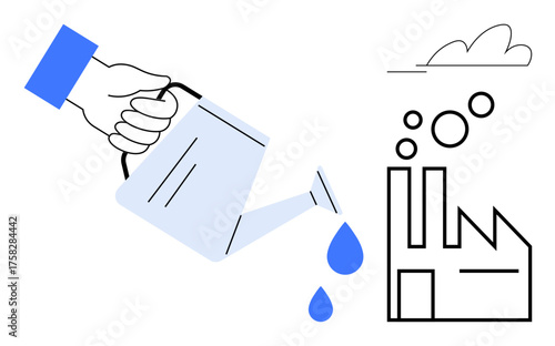 Hand holding watering can pouring droplets on a factory, symbolizing nurturing business, innovation, and sustainable growth. Ideal for industry, investment, environment, care, economy growth