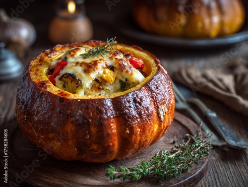 Autumn menu : Baked stuffed pumpkin with vegetables and cheese,  focus, rustic table, warm tones, close-up