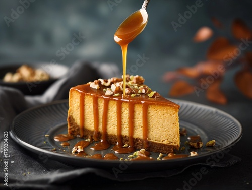 Autumn menu : Pumpkin cheesecake with caramel drizzle and nuts, shallow focus
