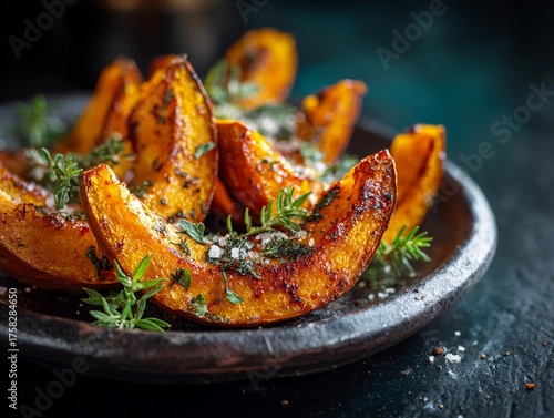 Autumn menu : Spicy roasted pumpkin wedges with herbs and sea salt, served on rustic plate