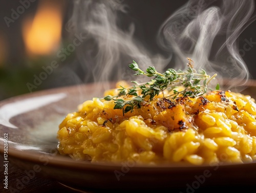 Autumn menu : Golden pumpkin risotto with parmesan and thyme, steam rising, soft focus