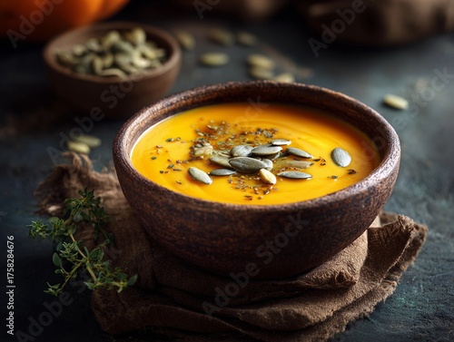Autumn menu :  Creamy pumpkin soup with roasted seeds and herbs, served in a rustic bowl, soft focus, 