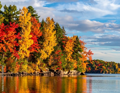 Colorful autumn trees line a lake, their vibrant foliage reflected in the calm water under a partly cloudy sky