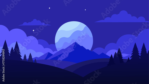 Serene night landscape with a large moon over mountains and pine trees