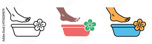 Foot bath line icon. Pedicure and spa treatment symbol. Soaking foot in water basin for hygiene and relaxation. Skincare and wellness concept. Vector illustration isolated