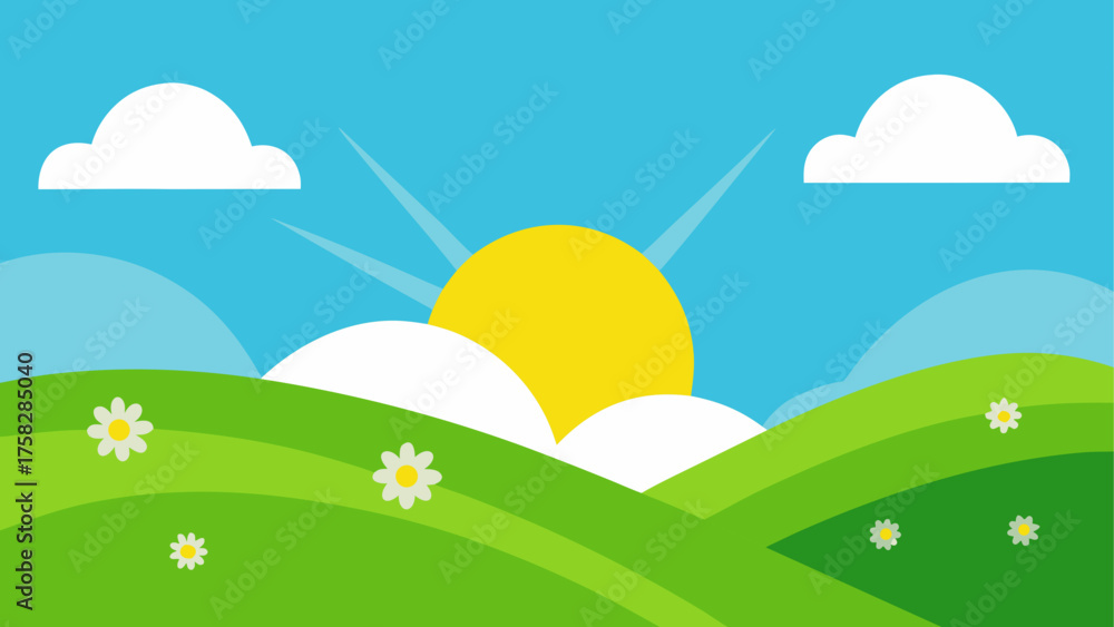 Fototapeta premium Bright sunny day over rolling green hills with daisies