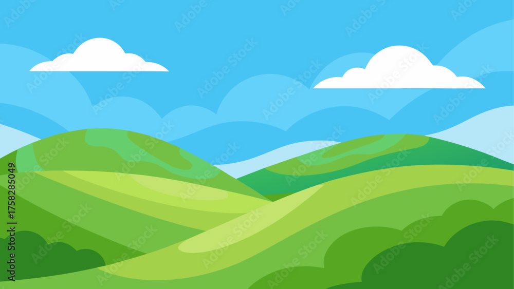 Fototapeta premium Stylized rolling green hills under a bright blue sky with fluffy clouds