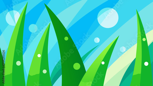 Vibrant green grass blades against a bright blue sky with bubbles