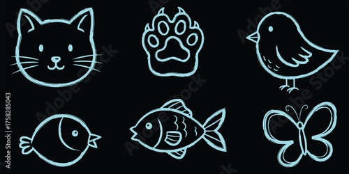 Cute Hand Drawn Animals Icons Cat Paw Print Bird Fish Butterfly Pet Shop Veterinary Children s Art Animal Welfare Pets