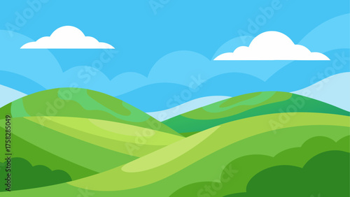 Stylized rolling green hills under a bright blue sky with fluffy clouds