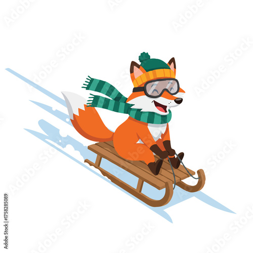 Happy fox, dressed in a beanie and goggles, excitedly speeds down a snowy slope on a wooden toboggan sled, depicted in a vibrant 2D flat vector illustration style.