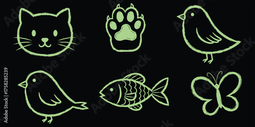 Cute Green Animal Drawings Cat Paw Print Birds Fish Butterfly Line Art Illustration Nature Wildlife Pet Sketch Vector