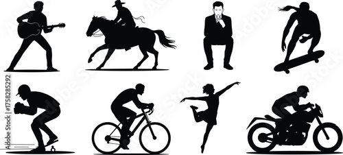 Silhouette activity illustration, guitar player, horse rider, skateboard trick, baseball pitch, dancer leap, cyclist motion, motorcycle rider, thinking pose