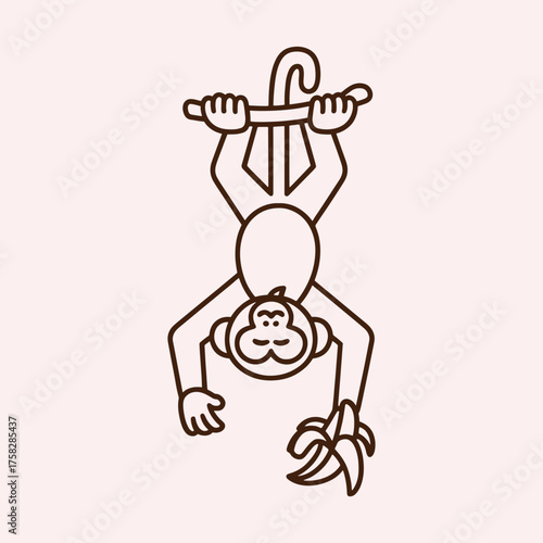 Brown line art monkey hanging upside down holding a banana animal