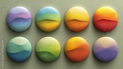 Modern textured circular gradient elements, showcasing a vibrant rainbow spectrum, ideal for design assets and abstract backgrounds.