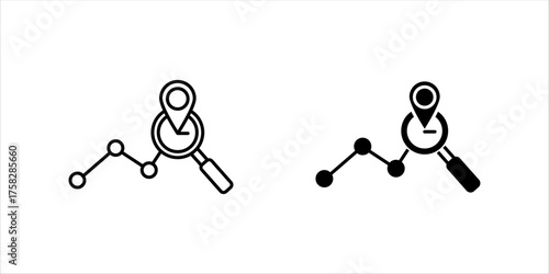 Black route tracking icon set, simple 2 pins searching flat design vector pictogram, Destination vector icon isolated on white background,	
