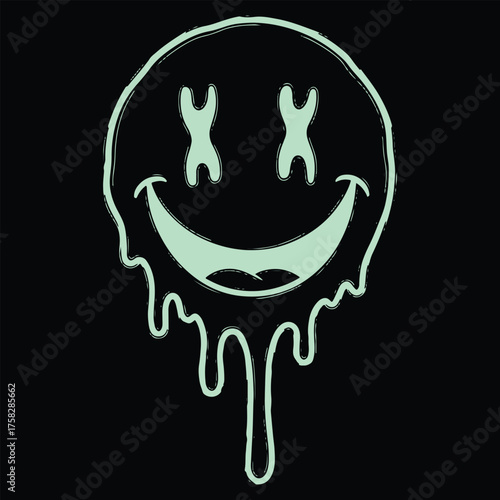 Trippy Smiley Face Design Melting Graphic Tee Art Cool Aesthetic Dark Background Modern Illustration Psychedelic Vibe