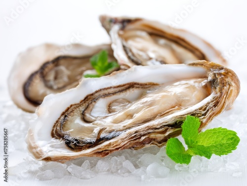 Fresh raw oysters on crushed ice with mint garnish, featuring natural grays and greens, representing a gourmet seafood delicacy.
