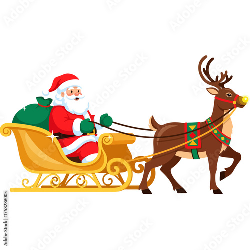 Santa Claus riding his sleigh pulled by a reindeer.