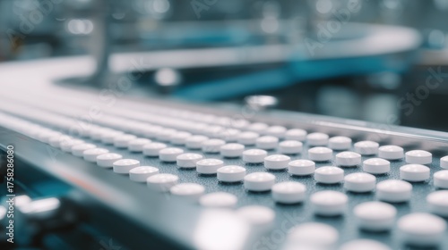 Wallpaper Mural Close-Up of White Pharmaceutical Tablets on Production Line – Modern Drug Manufacturing Process Torontodigital.ca
