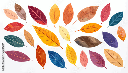 A collection of watercolor-style leaves in various autumn colors against a white backdrop