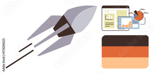 Rocket blasting off alongside data analytics interface, charts, and infographic. Ideal for innovation, business growth, startup, success, progress technology creativity. Simple flat metaphor