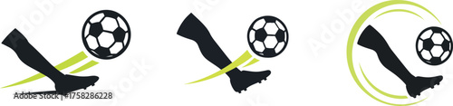Dynamic soccer action with leg kicking ball, vibrant green motion lines, perfect for sports brand, team logo, or energetic athletic design element