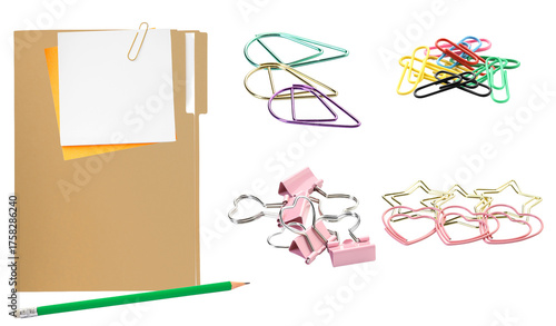 assortment of colorful office and school supplies including note paper, binder clips, paper clips, and a pencil, isolated on black.