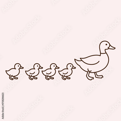 Mother duck and four ducklings walking in a line simple line art animal bird