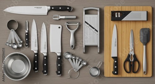 Flat lay of diverse kitchen tools: knives, peeler, mandoline, measuring spoons, and cutting board...