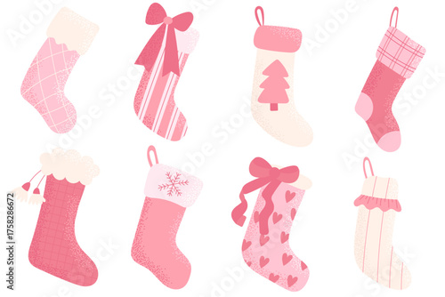 Set of cute pink Christmas stockings in flat style. Decorative festive socks with bows, snowflakes, hearts and tree designs. Perfect for holiday cards, winter decor and New Year illustrations.