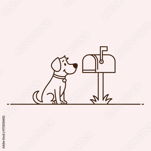 A happy dog sits patiently next to a classic mailbox on a light pink background canine animal