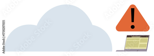 Cloud symbol, orange warning triangle, and laptop representing data protection. Ideal for cybersecurity, cloud storage, data safety, alerts, IT issues risk management and online threats. Simple
