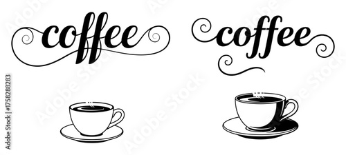 Vector art of two coffee cup and coffee word art illustrations, perfect for coffee shop decor