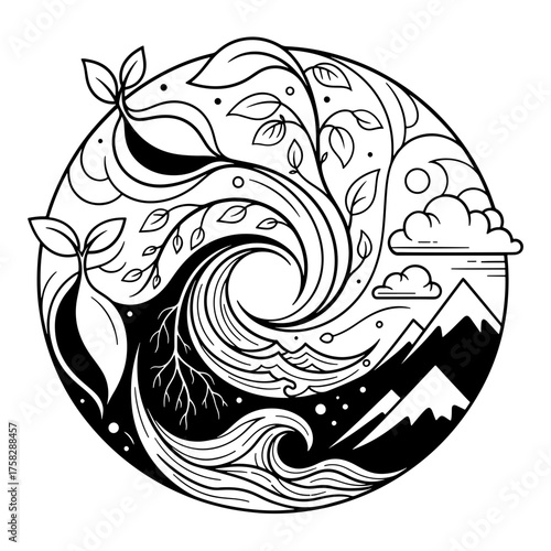 Illustration of the four elements of nature in a circle, earth, water, air, and fire
