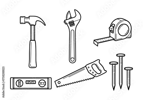 Vector art of hand drawn set of construction tools hammer, wrench, tape measure, saw, nails