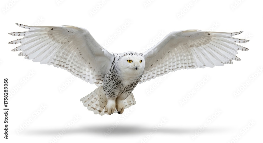 Obraz premium Powerful snowy owl in flight, wings fully extended, isolated on a pristine white background.