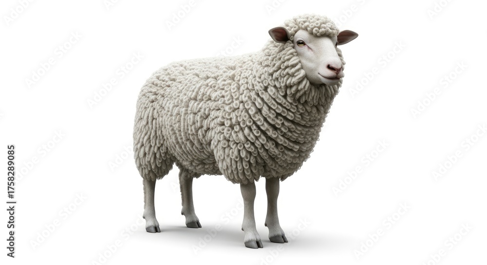 Fototapeta premium A healthy white sheep with dense, curly wool, standing against a pure white backdrop.