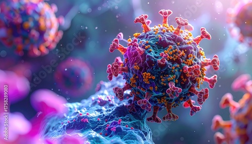 Microscopic View of Colorful Virus Particle