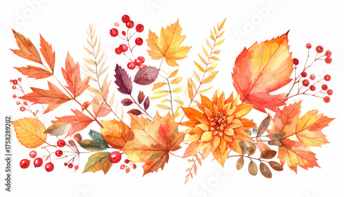 Watercolor illustration of autumnal elements leaves, berries, and a flower arrangement