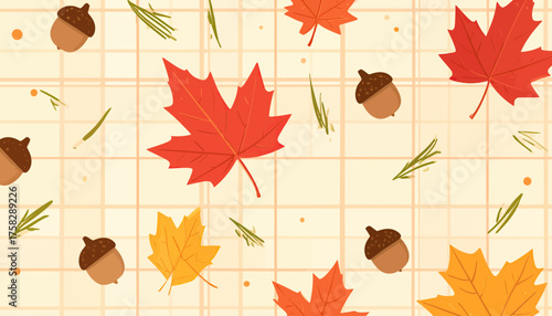 A flat-lay illustration showcasing scattered autumn elements acorns, leaves, and sprigs