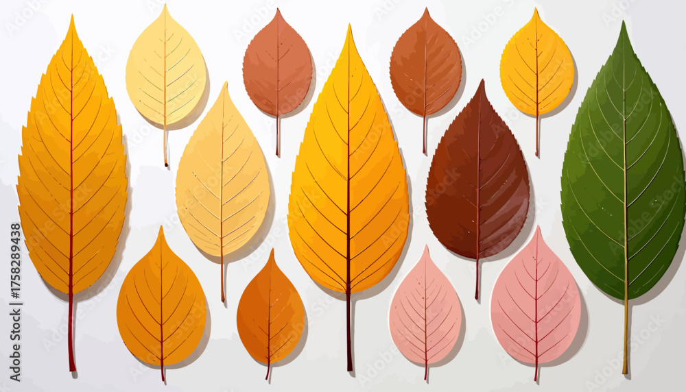 Obraz premium A collection of stylized leaves in various autumn colors against a white background