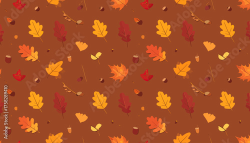 A repeating autumn pattern of colorful leaves, acorns, and small elements on a brown background