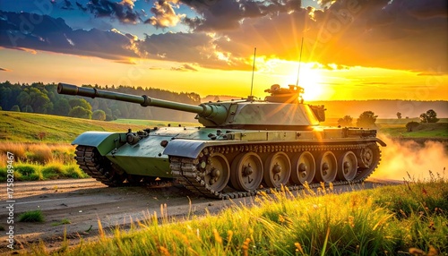 Military Tank at Sunset in Field
